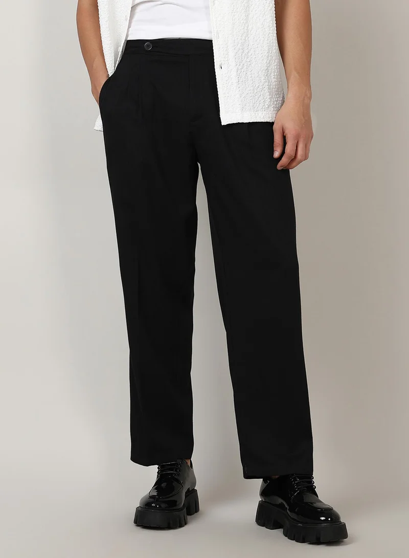 CAHOOT  Men's Onyx Black Solid Tailored Trousers For Casual Wear | 4 Pockets | Mid-Rise | Button Closure | Trousers Crafted With Comfort Fit For Everyday Wear for Men | Best Price UAE